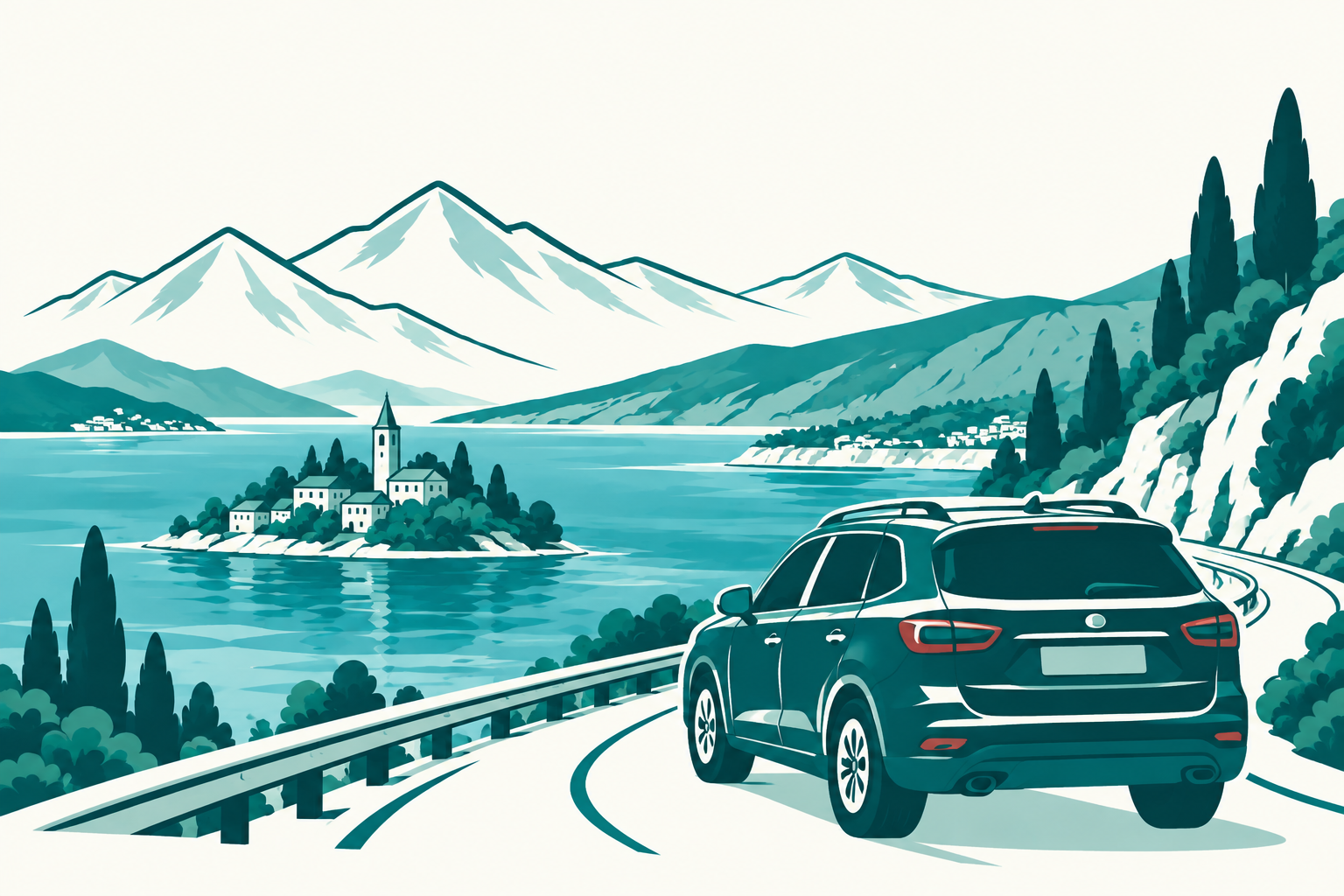 Illustration of an SUV driving a coastal road above a lake with a hillside village and mountains