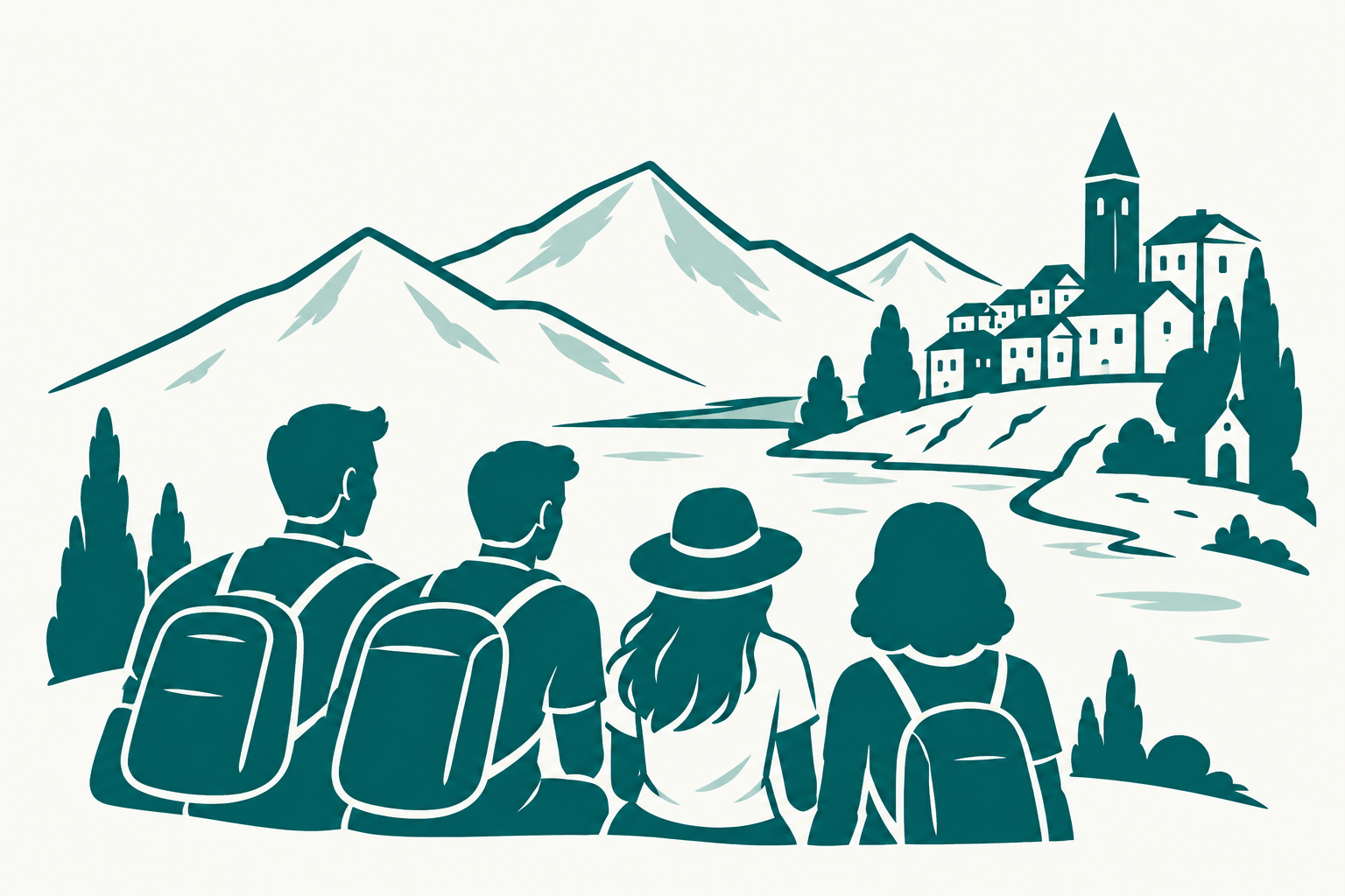 Illustration of four travellers looking out over a lake, a hillside village and mountains