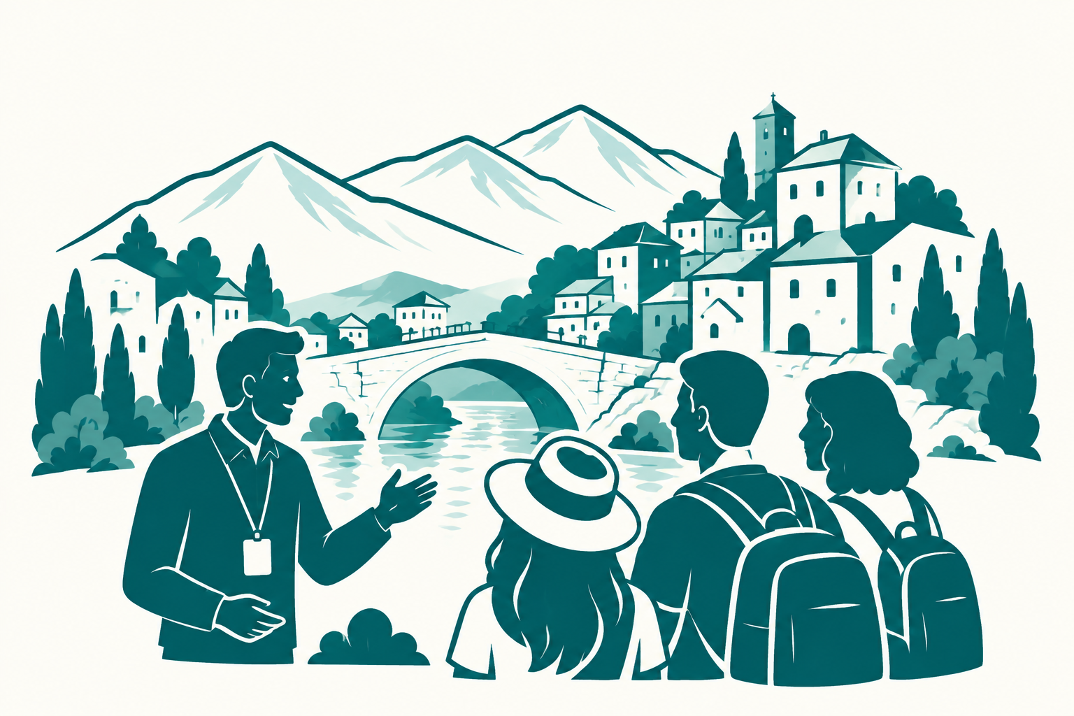 Illustration of a local guide showing three travellers the stone bridge and hillside village