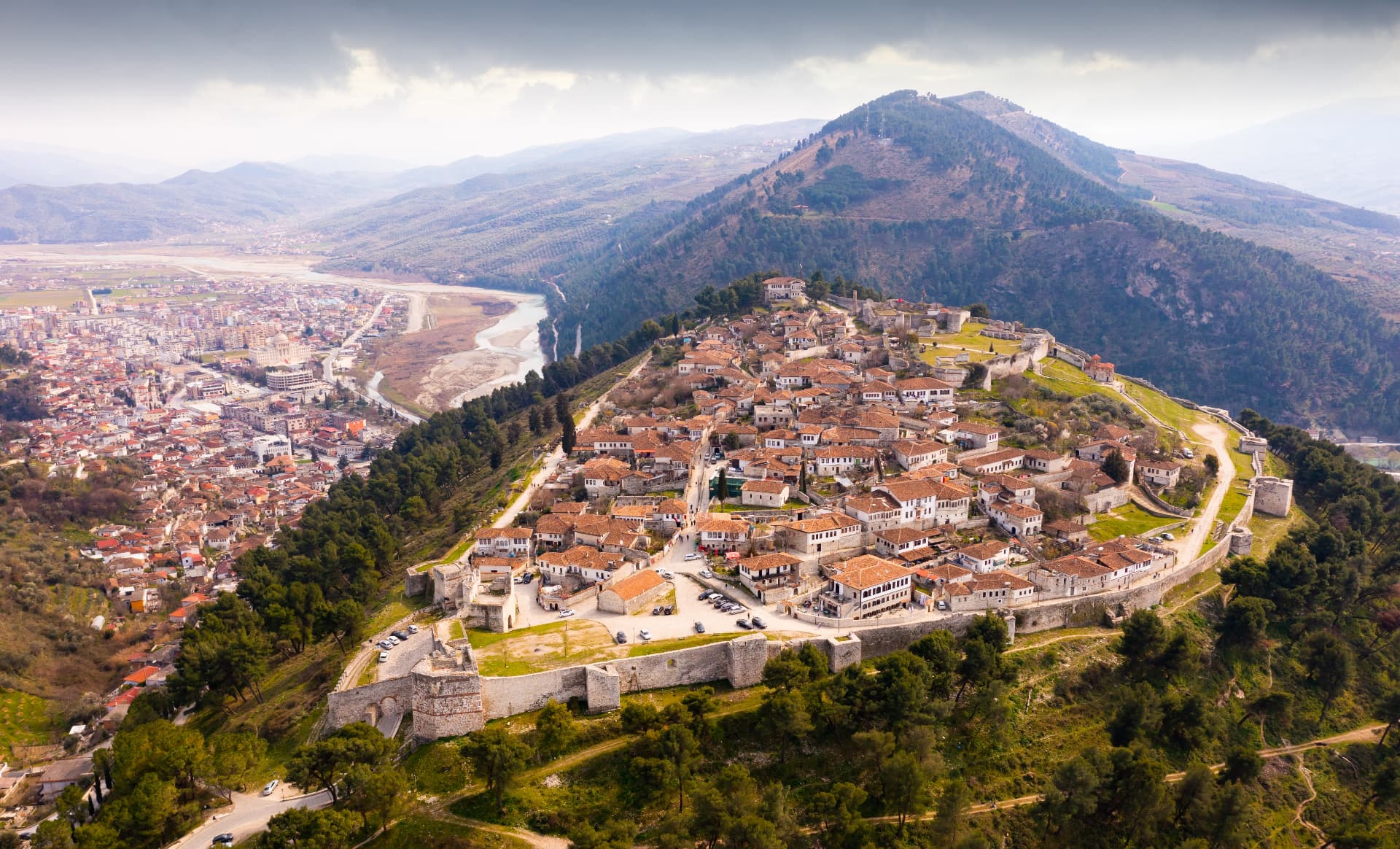Berat old town with its stone bridge over the river